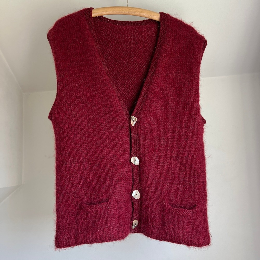 Vintage Burgundy Wool Cardigan Sweater Vest Luxury Knit Shell Buttons Modernist - Picture 6 of 10